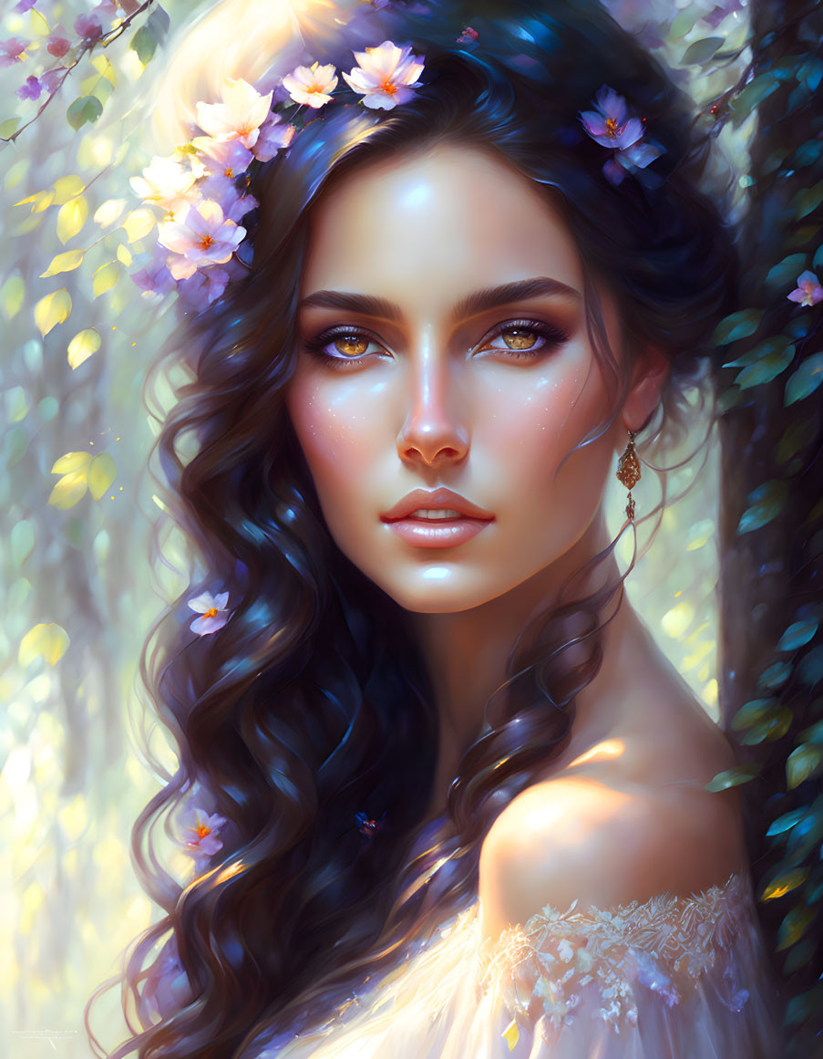 Woman's portrait with long hair, flowers, blue eyes, and butterflies in enchanted forest.