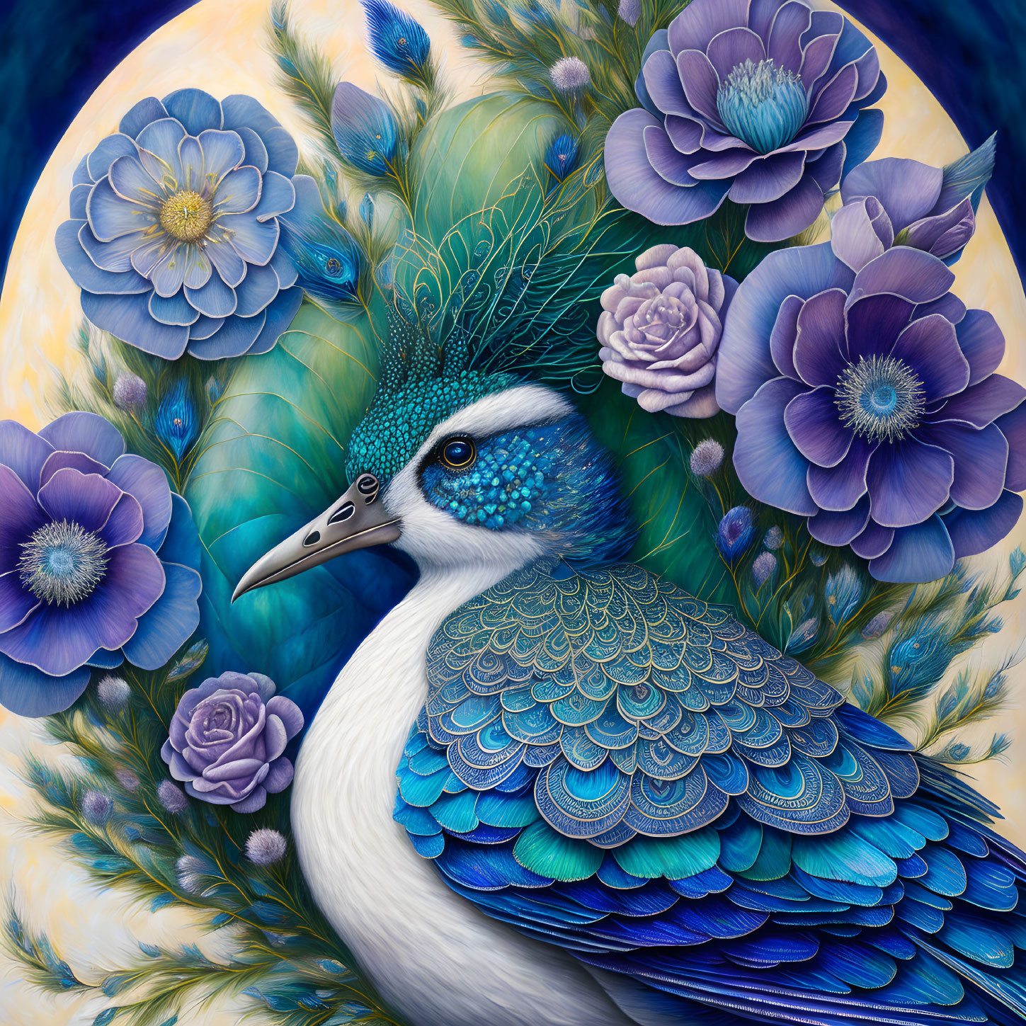 Colorful peacock painting with blue and purple flowers in harmonious blend