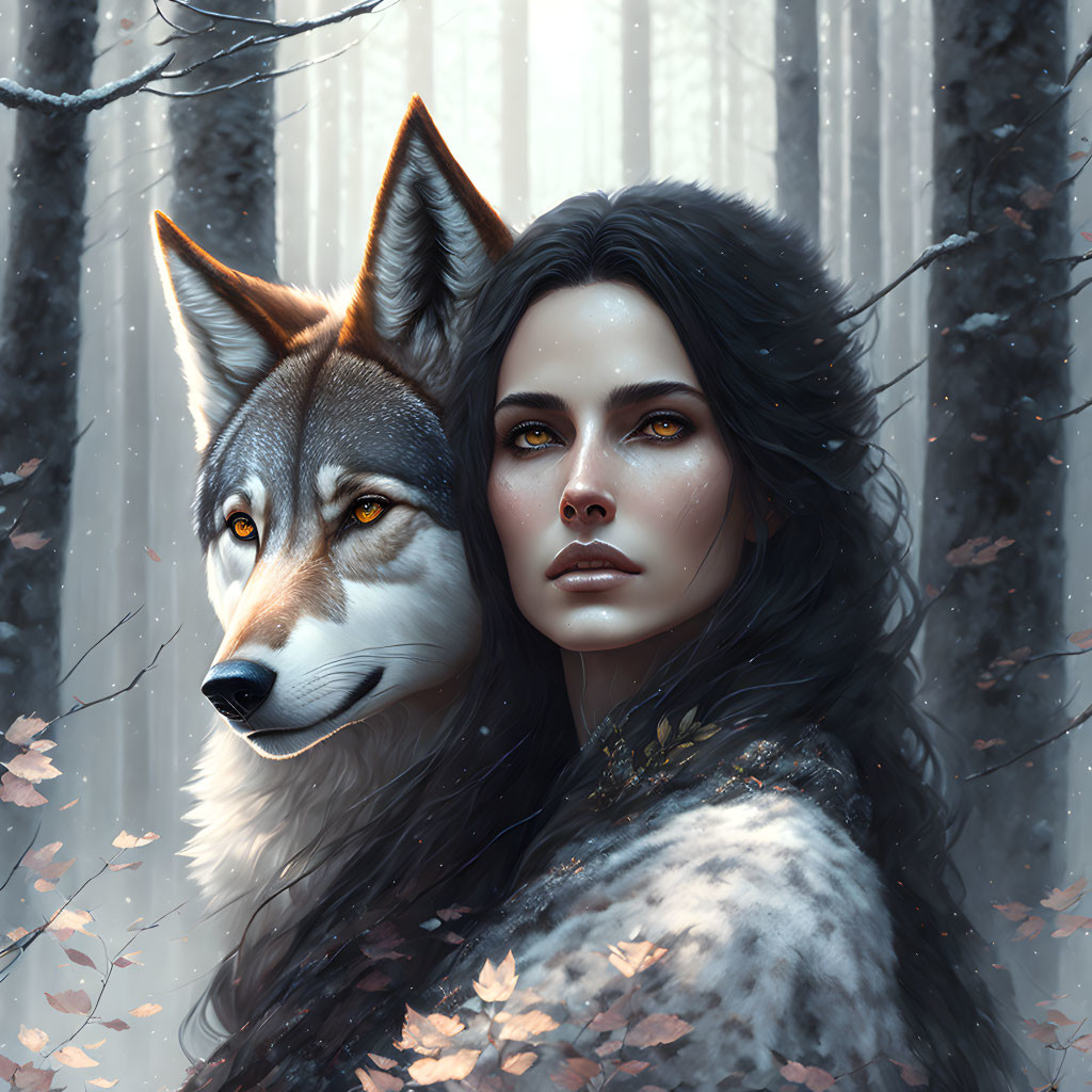 Dark-haired woman and wolf in serene snowy forest scene.