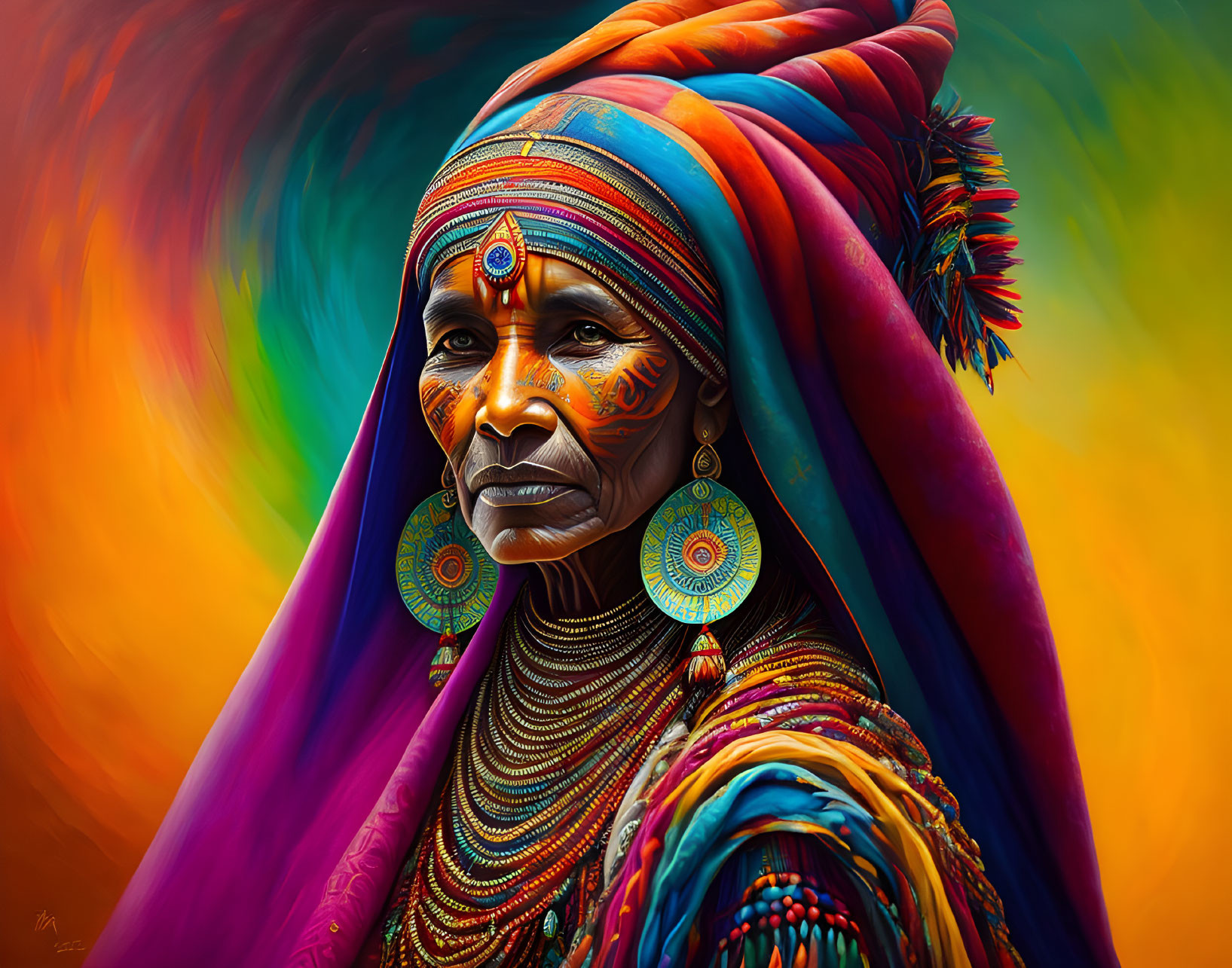 Colorful digital portrait of a woman with traditional face paint and head wrap