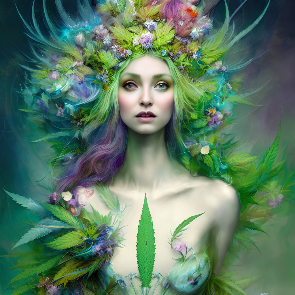 Woman's portrait with green hair and floral elements for a mystical look