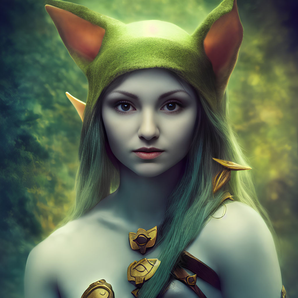 Elf-like woman in green hat with pointed ears and golden shoulder armor