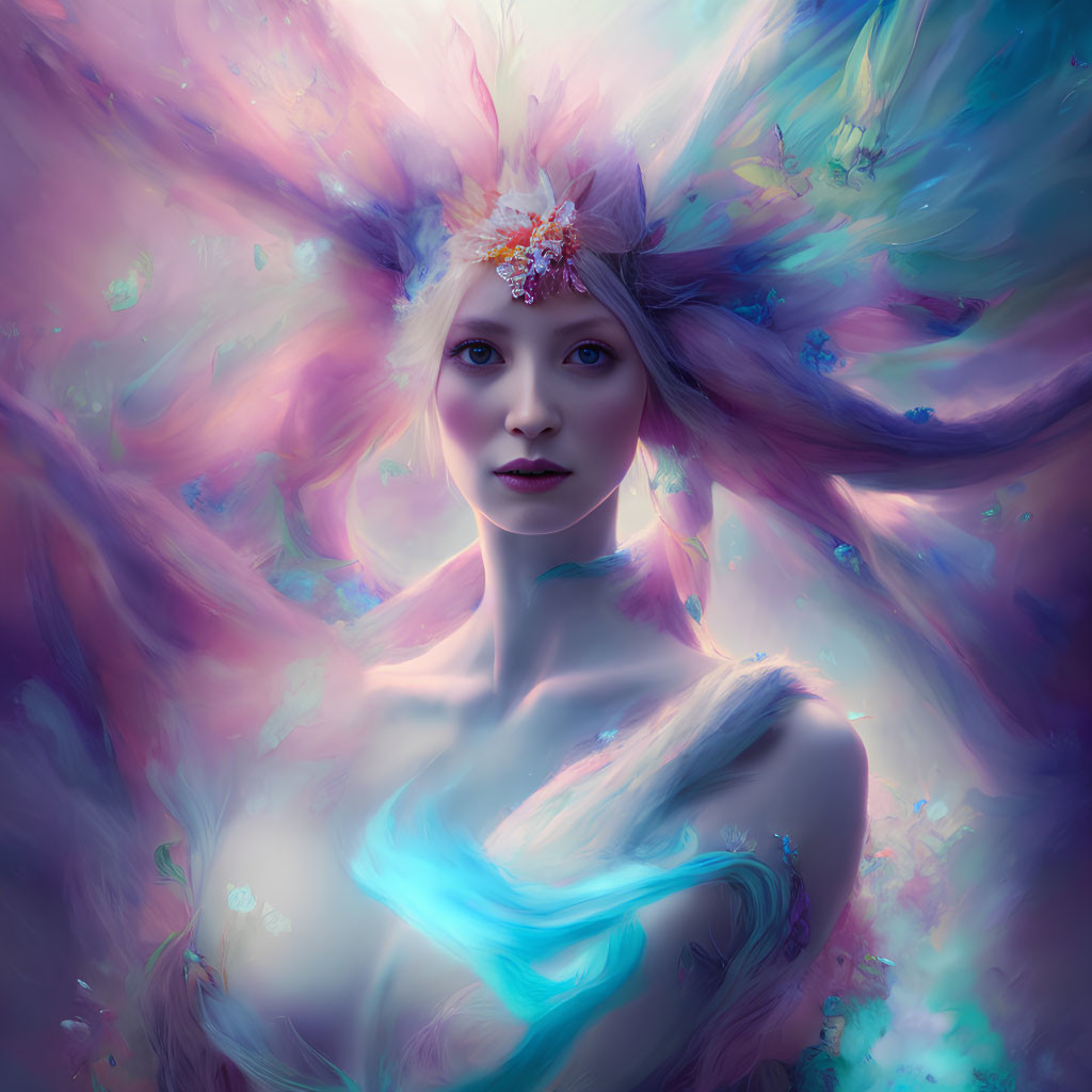 Colorful surreal portrait of a woman with glowing flowers on pastel backdrop