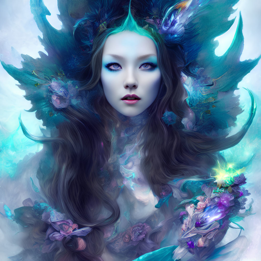 Ethereal woman with blue eyes in vibrant, glowing nature setting