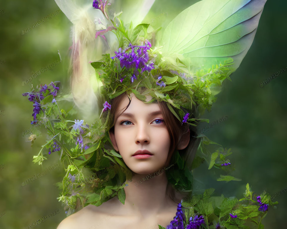 Fantasy-themed portrait with green leaves and purple flowers in hair