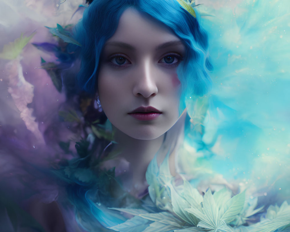 Portrait of a woman with blue hair and greenery on a mystical background