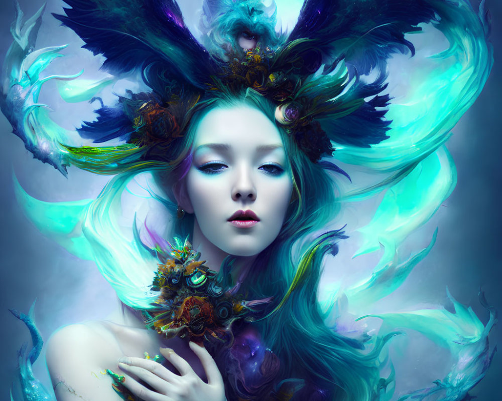 Mystical female figure with teal and purple plumage against cool backdrop