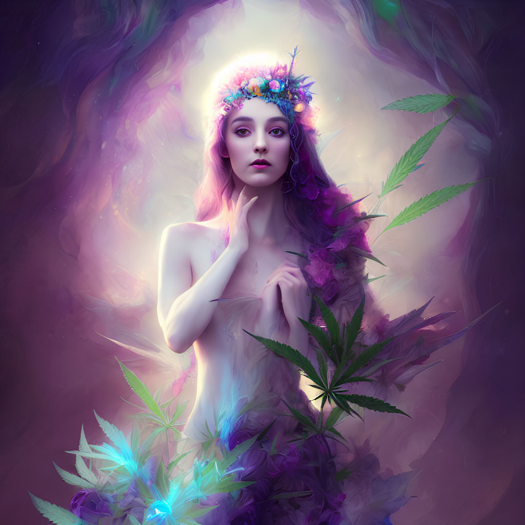 Mystical woman portrait with floral crown and cannabis leaves in soft purple glow