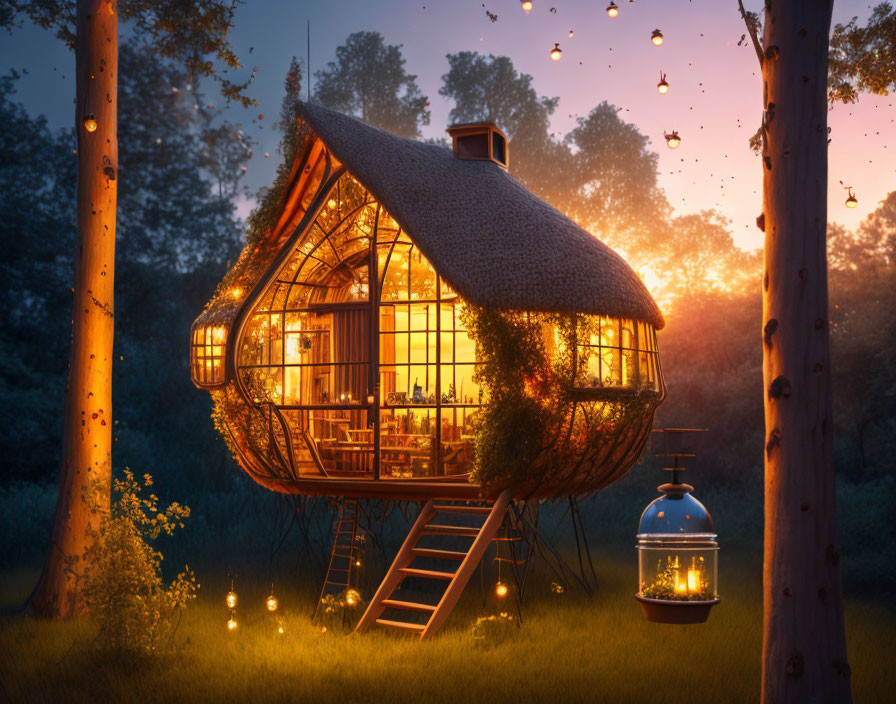 Serene treehouse at dusk with warm lights and fireflies