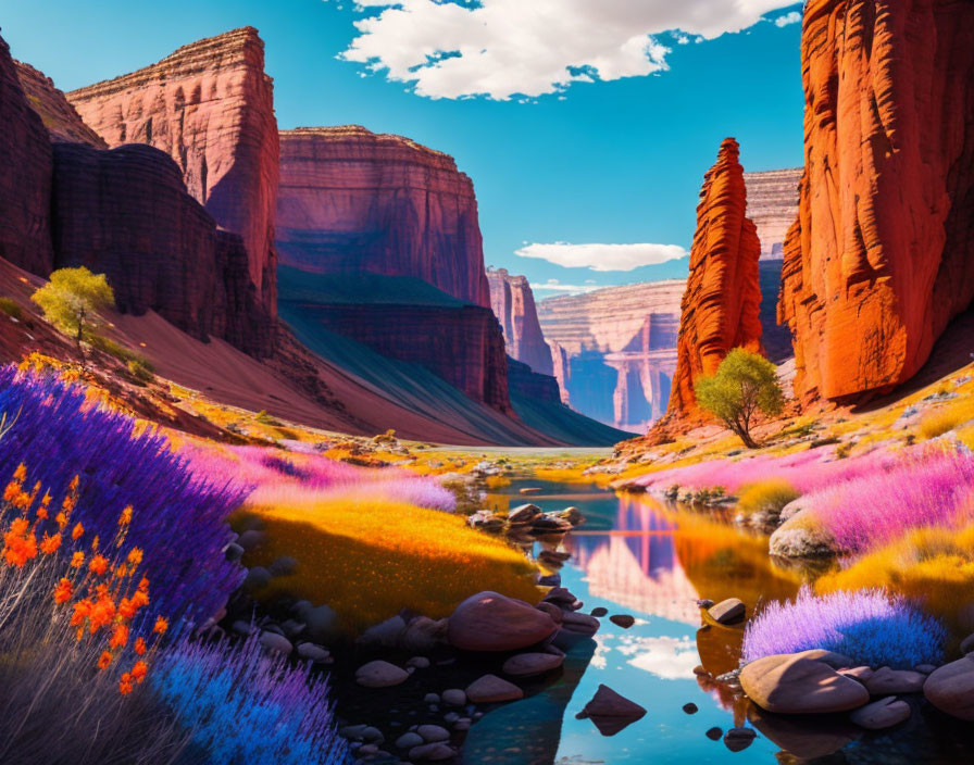 Colorful Wildflowers by River Between Red Cliffs