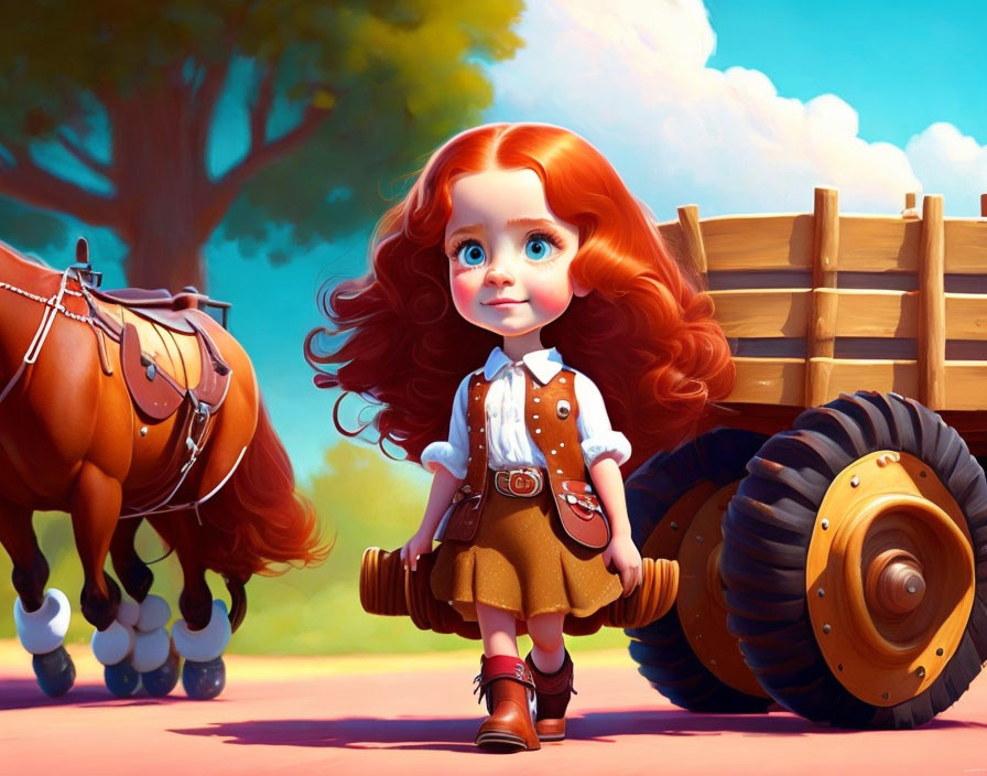 3D animated young girl with blue eyes and red hair in brown dress by horse-drawn cart