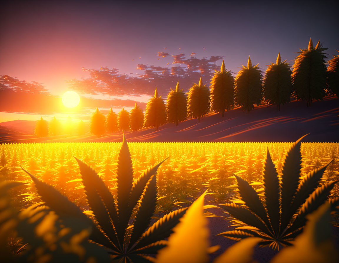 Scenic sunset view of cannabis field with snowy mountains and pine trees