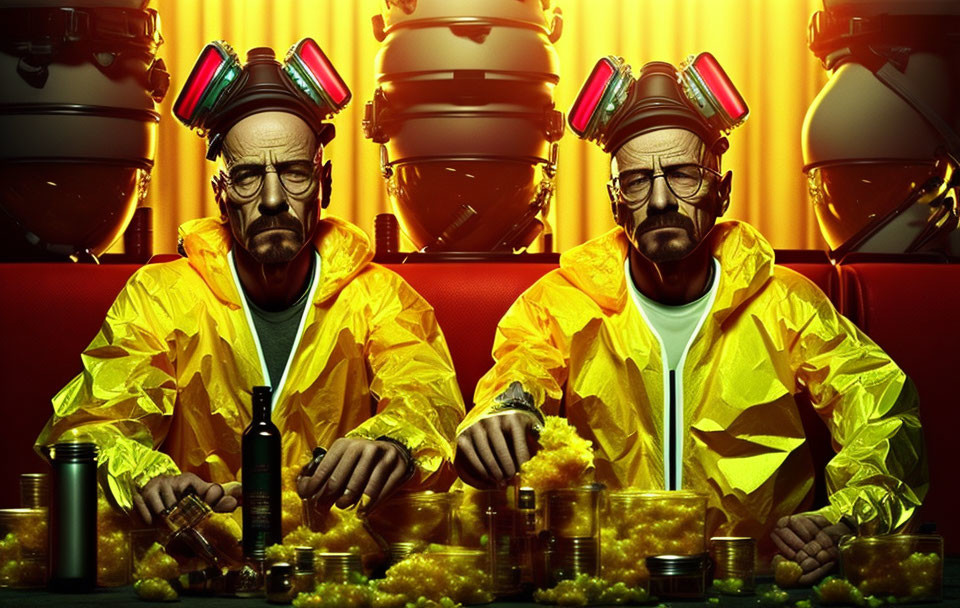 Two people in yellow hazmat suits and gas masks at a table with chemical equipment.