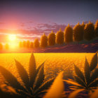 Scenic sunset view of cannabis field with snowy mountains and pine trees