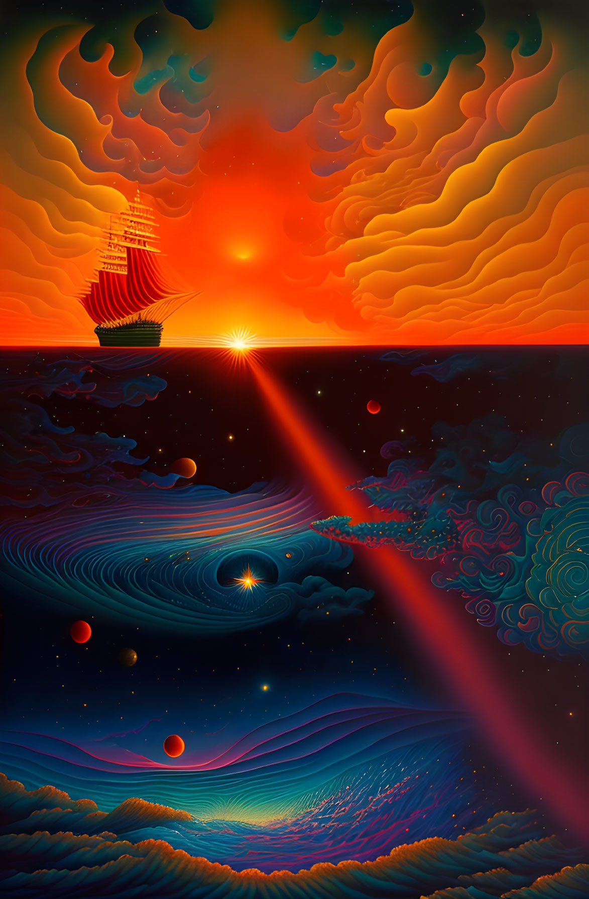 Colorful painting of tall ship on surreal ocean with fiery sky and radiant sun beam