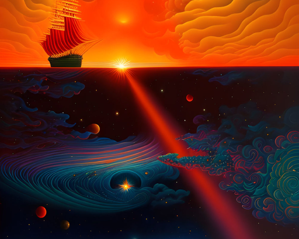 Colorful painting of tall ship on surreal ocean with fiery sky and radiant sun beam