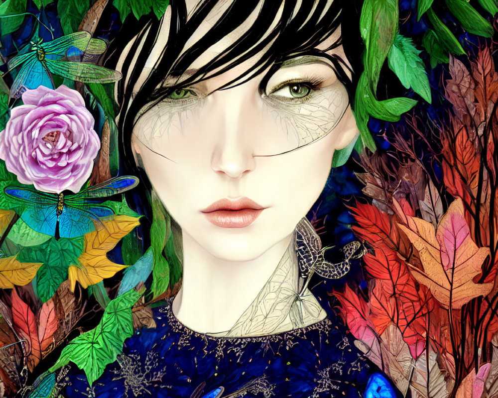 Digital artwork featuring woman with green eyes in nature theme