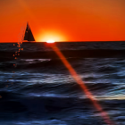 Colorful painting of tall ship on surreal ocean with fiery sky and radiant sun beam