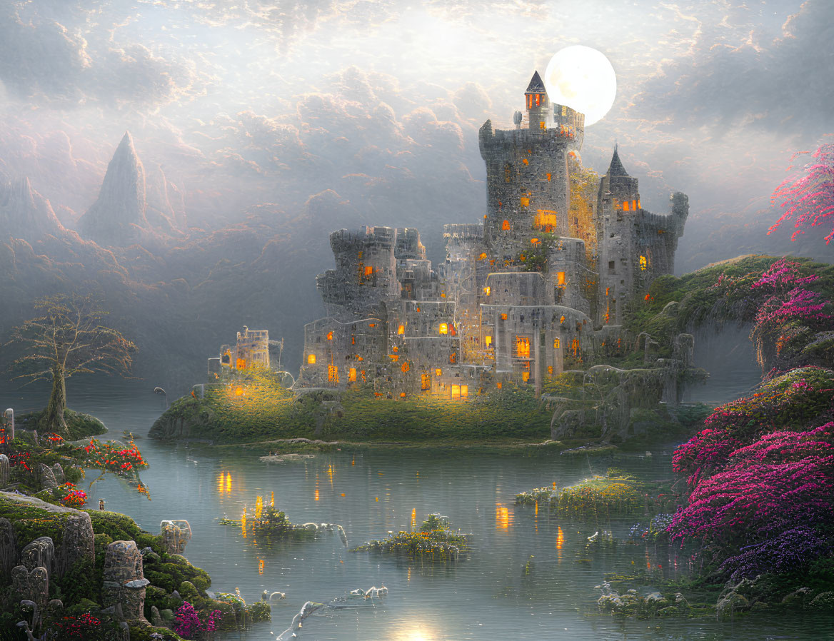 Enchanting castle on serene lake with glowing lights and radiant moon