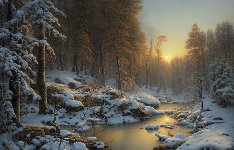 Snowy Scene with Small Stream and Sunlight in Wooded Area