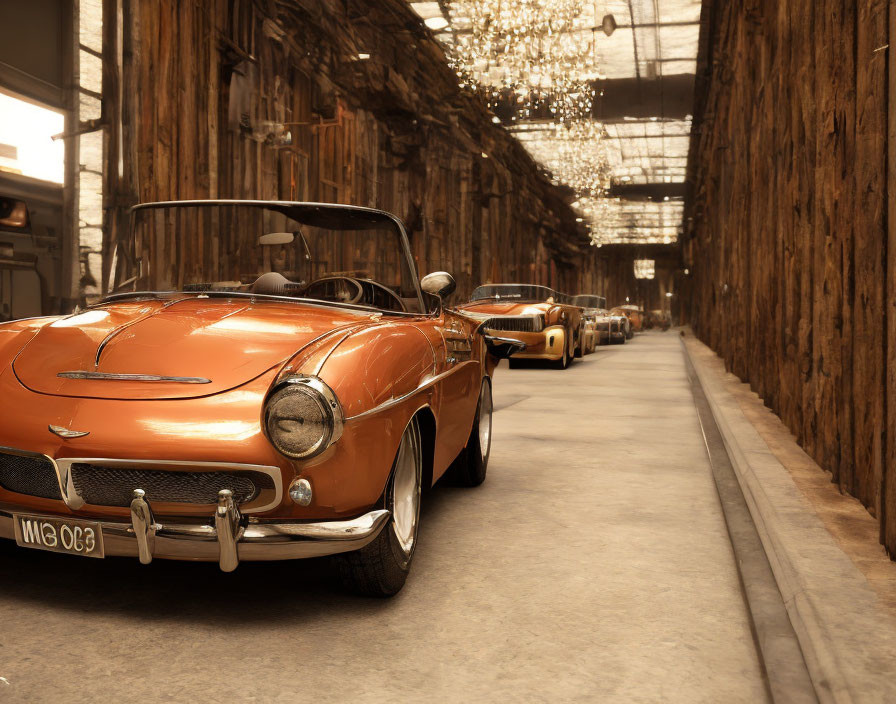 Classic Vintage Cars Displayed in Rustic Warehouse Setting