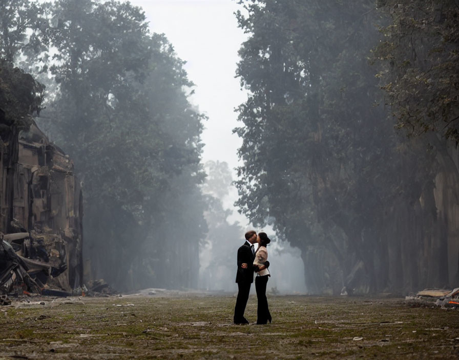 Couple Embraces in Desolate Street with Damaged Buildings