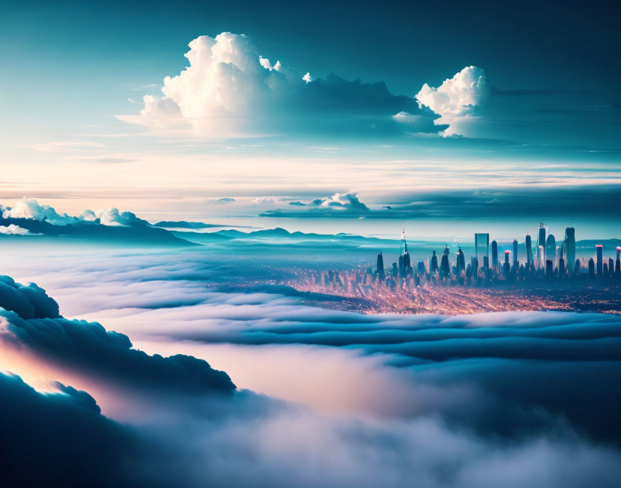 Surreal cityscape above clouds in dreamy blue sky