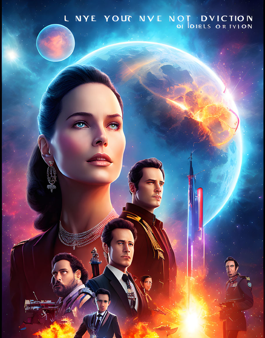 Poster featuring woman's face, men in uniforms, space scene with rocket and planets in movie-like aesthetic