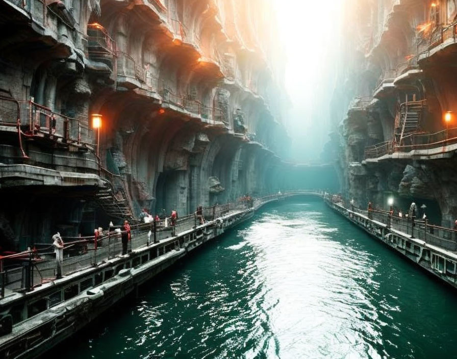 Sunlit river in cavernous space with rock-hewn structures and pathways