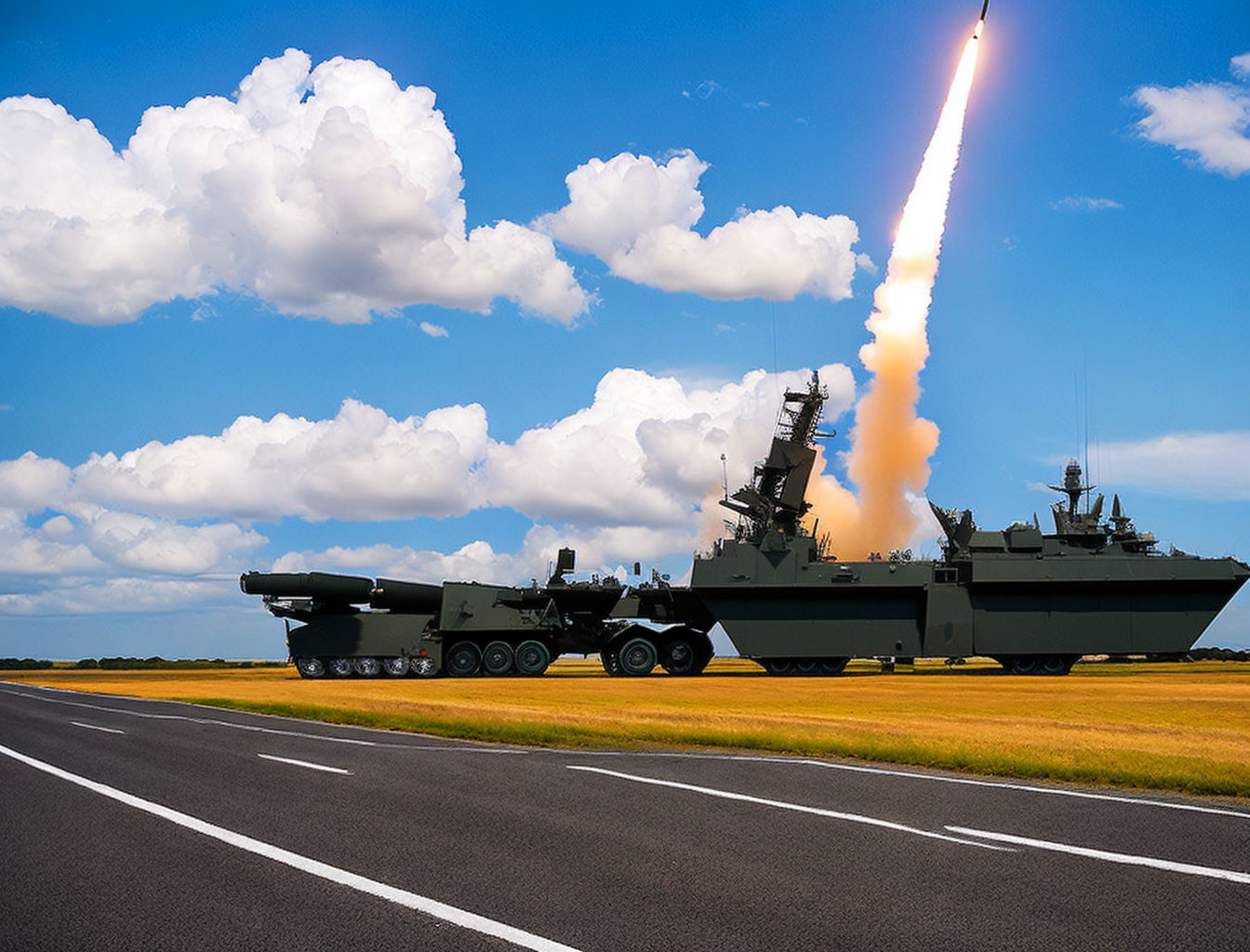 Military vehicle launching missile under clear blue sky