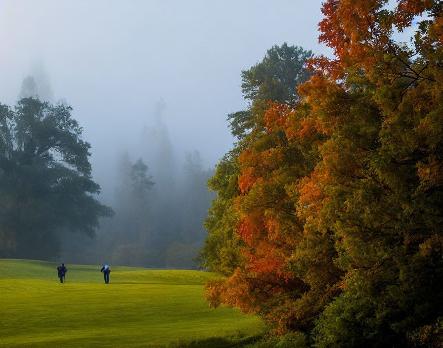 Autumn scene: Two people walking in misty field with vibrant trees.