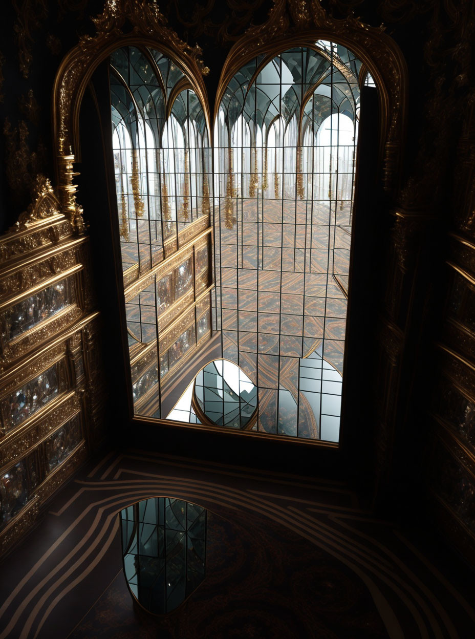 Luxurious room with golden details, arched windows, grand staircase view, and black reflective flooring.