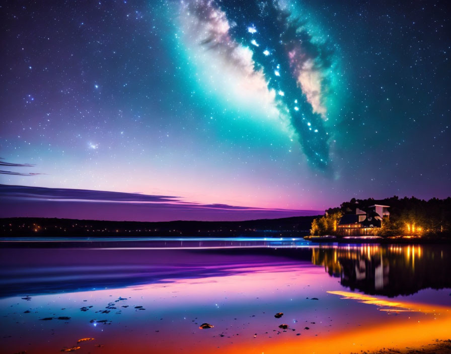 Luminous Milky Way over serene lake at night