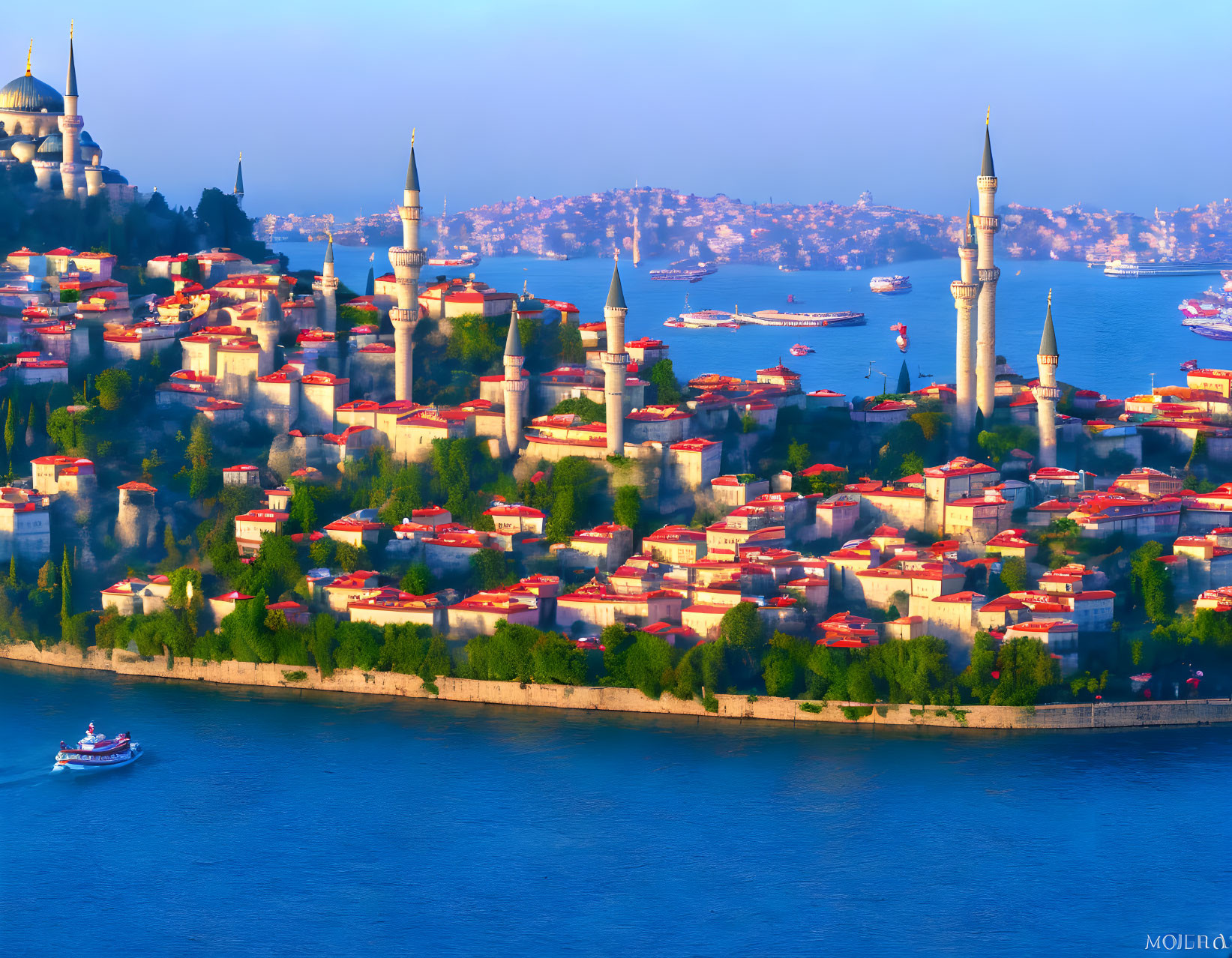 Historical mosques and buildings along Istanbul's Bosphorus strait