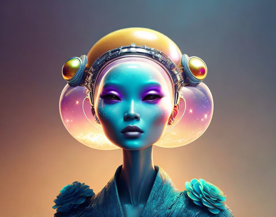 Female Figure with Cosmic Makeup and Sci-Fi Headset on Gradient Background