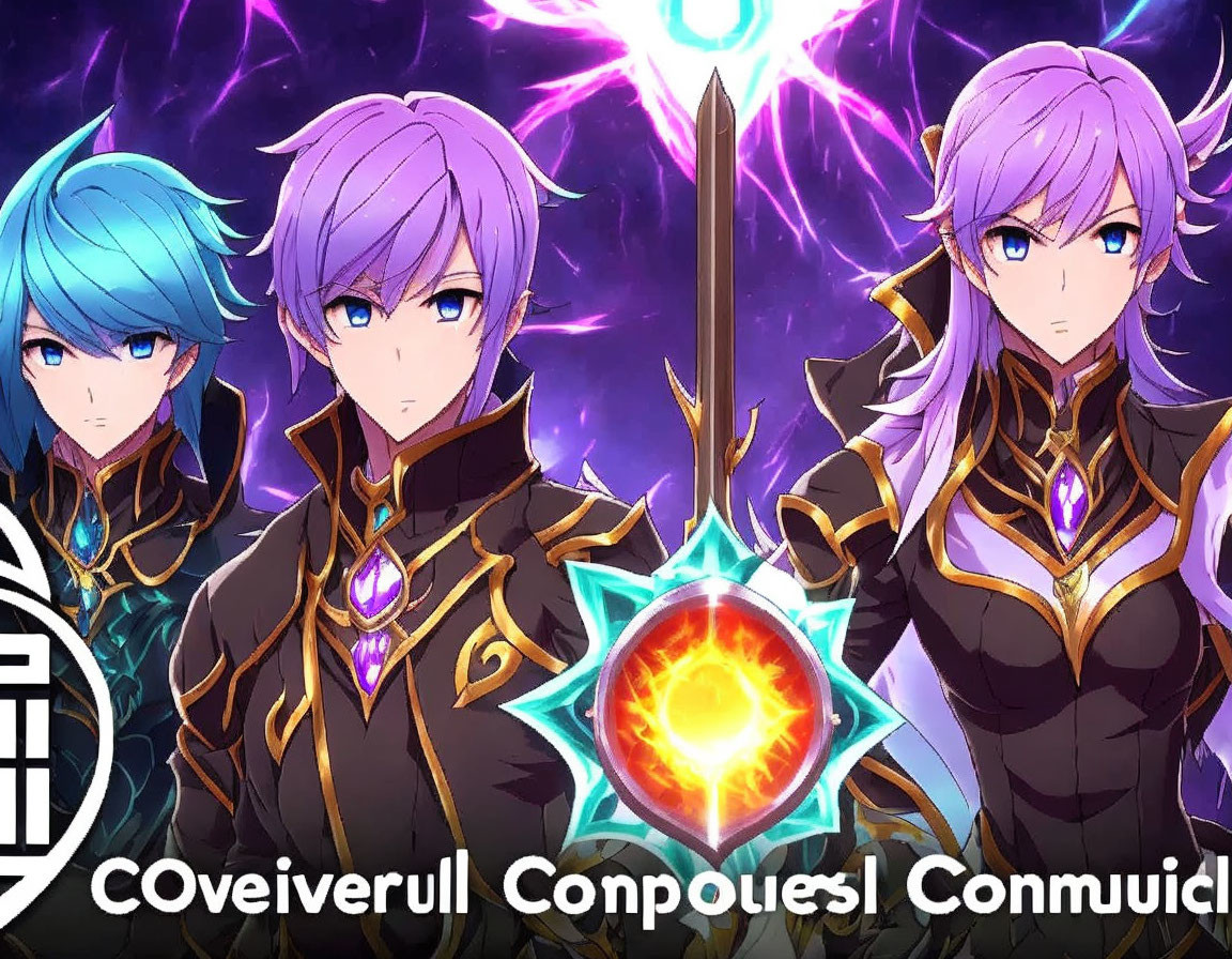 Three animated characters with blue and purple hair in dark armor against magical backdrop