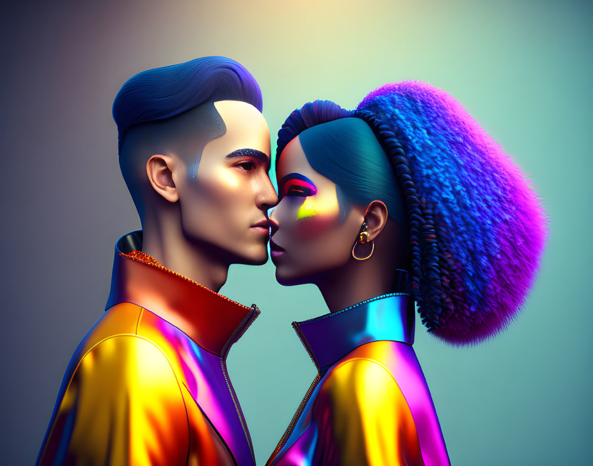 Colorful 3D characters in vibrant outfits for futuristic fashion concept