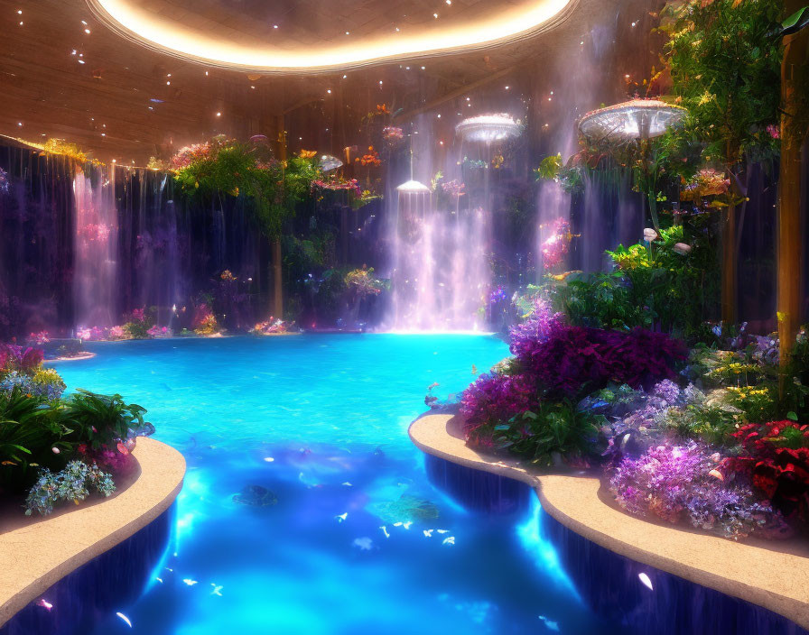 Tranquil Indoor Pool with Glowing Water and Waterfalls