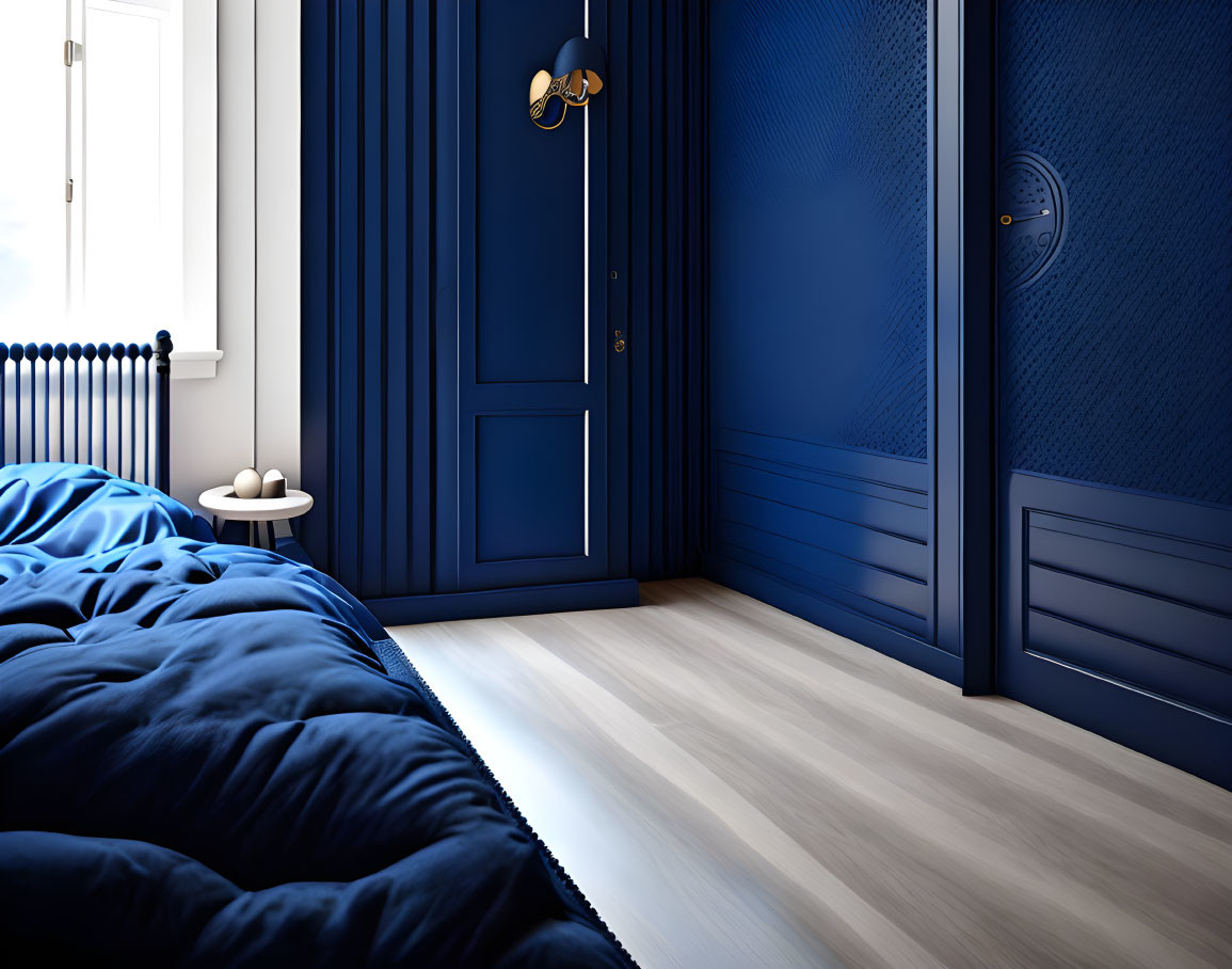 Deep Blue and White Modern Bedroom with Wooden Flooring and Natural Light