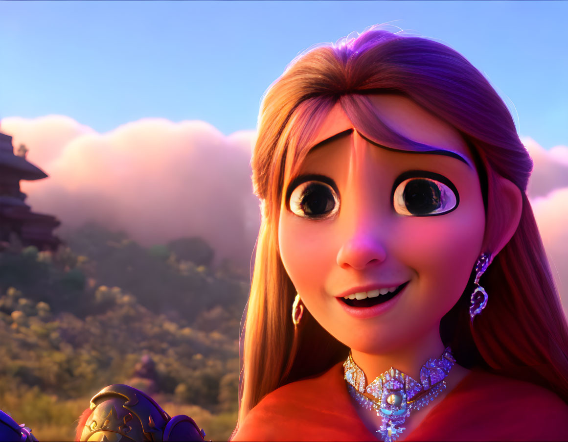 Animated character with golden hair and green eyes in red outfit smiling, against cloudy backdrop.