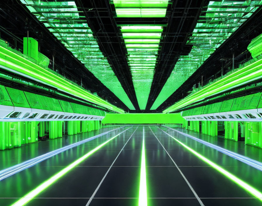 Modern data center with green-lit server racks