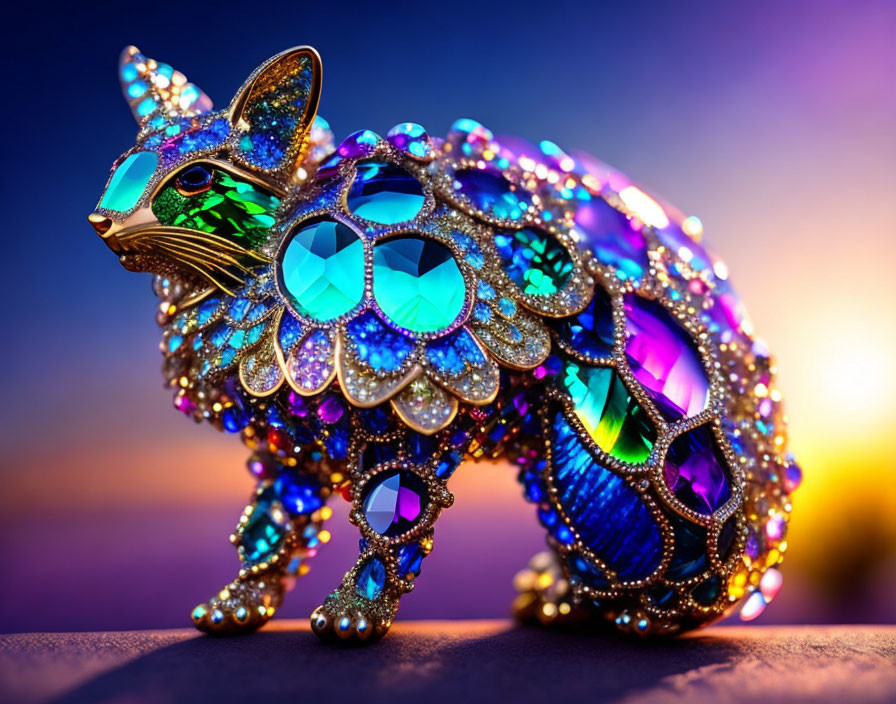 Ornate Cat Figurine with Blue and Purple Gems on Sunset Background