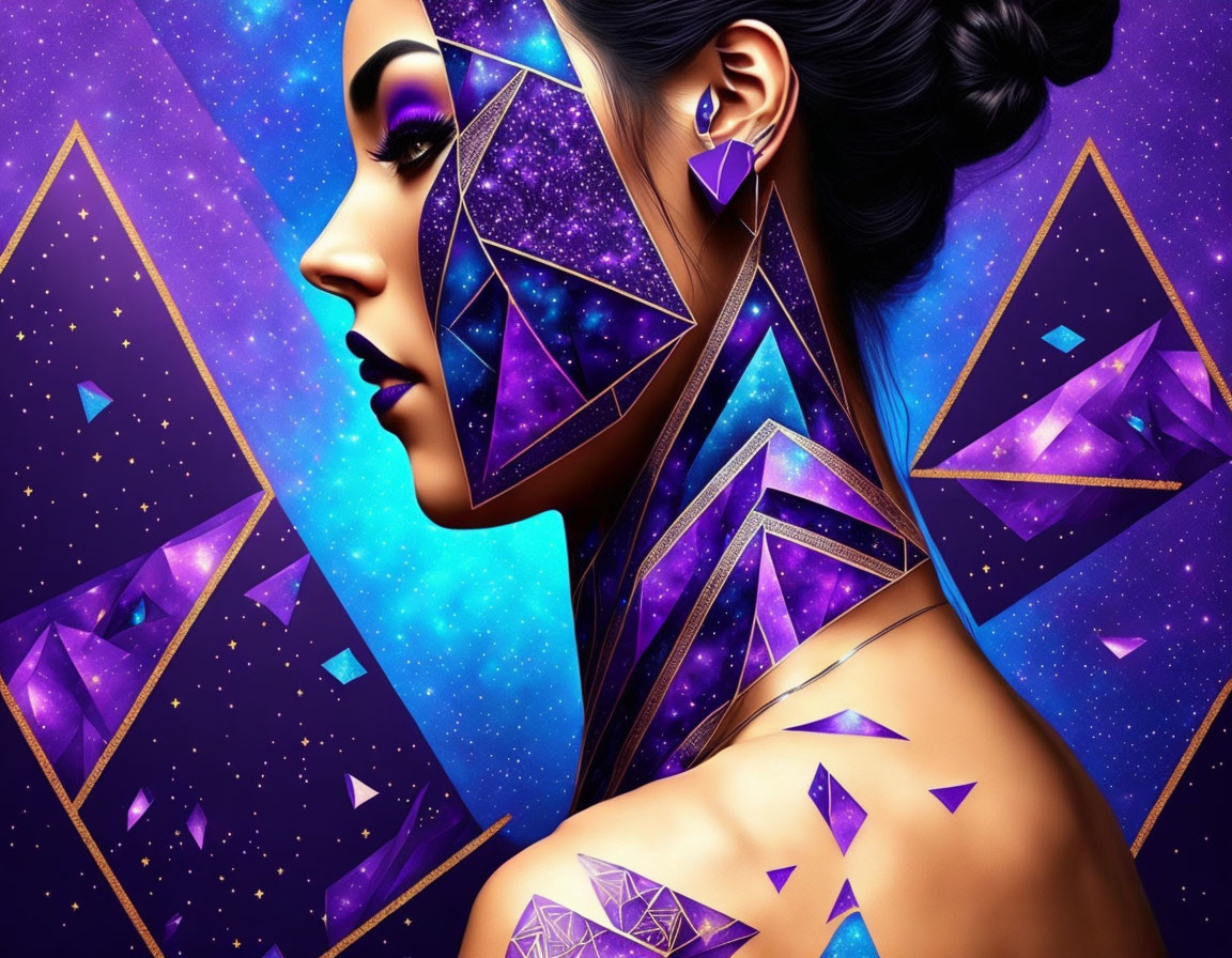 Cosmic-themed makeup and jewels on woman's profile with purple and blue geometric shapes on starry background