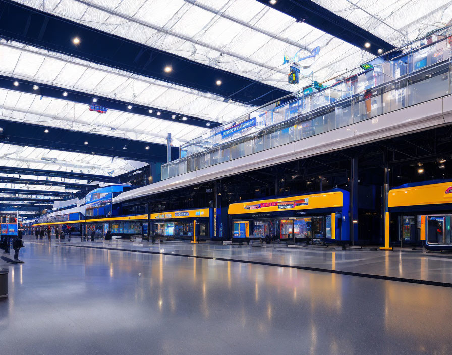 Blue and yellow trains in modern train station with high ceiling and bright lighting