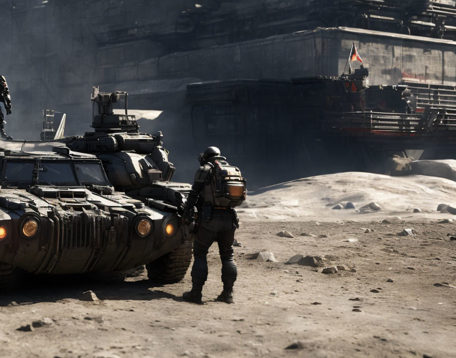 Futuristic armored soldier near vehicles in dystopian setting