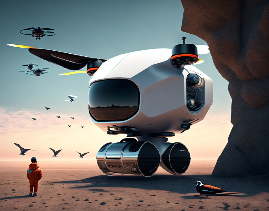 Child in desert observes futuristic drones and birds flying.