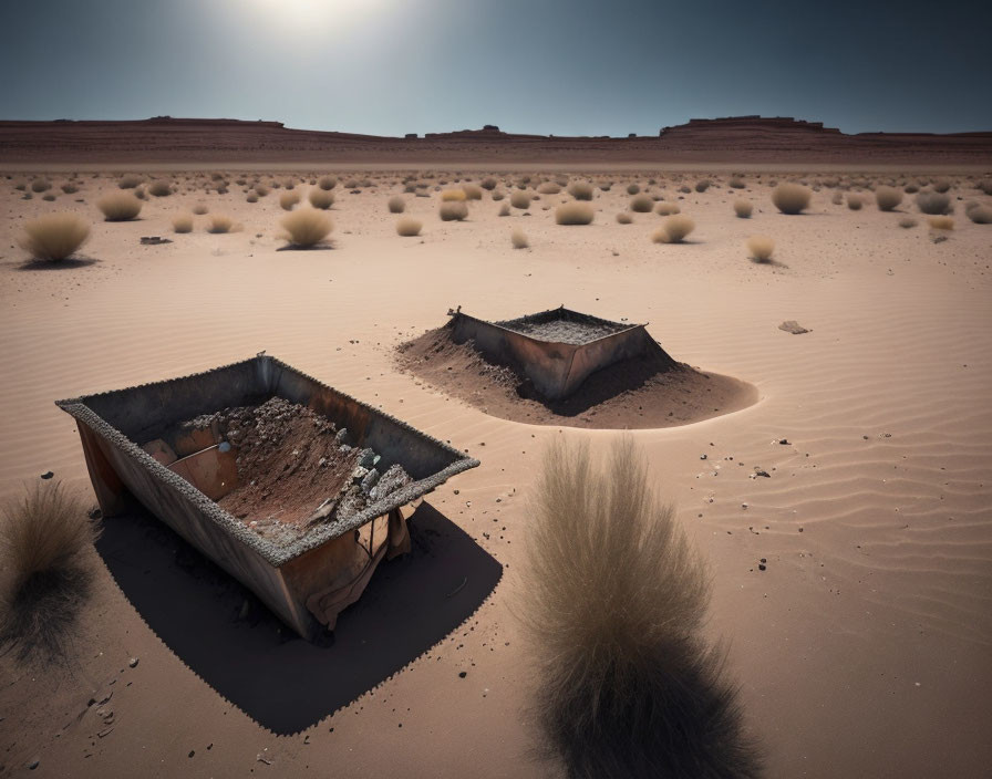 Rusted objects half-buried in desert sand under hazy sky