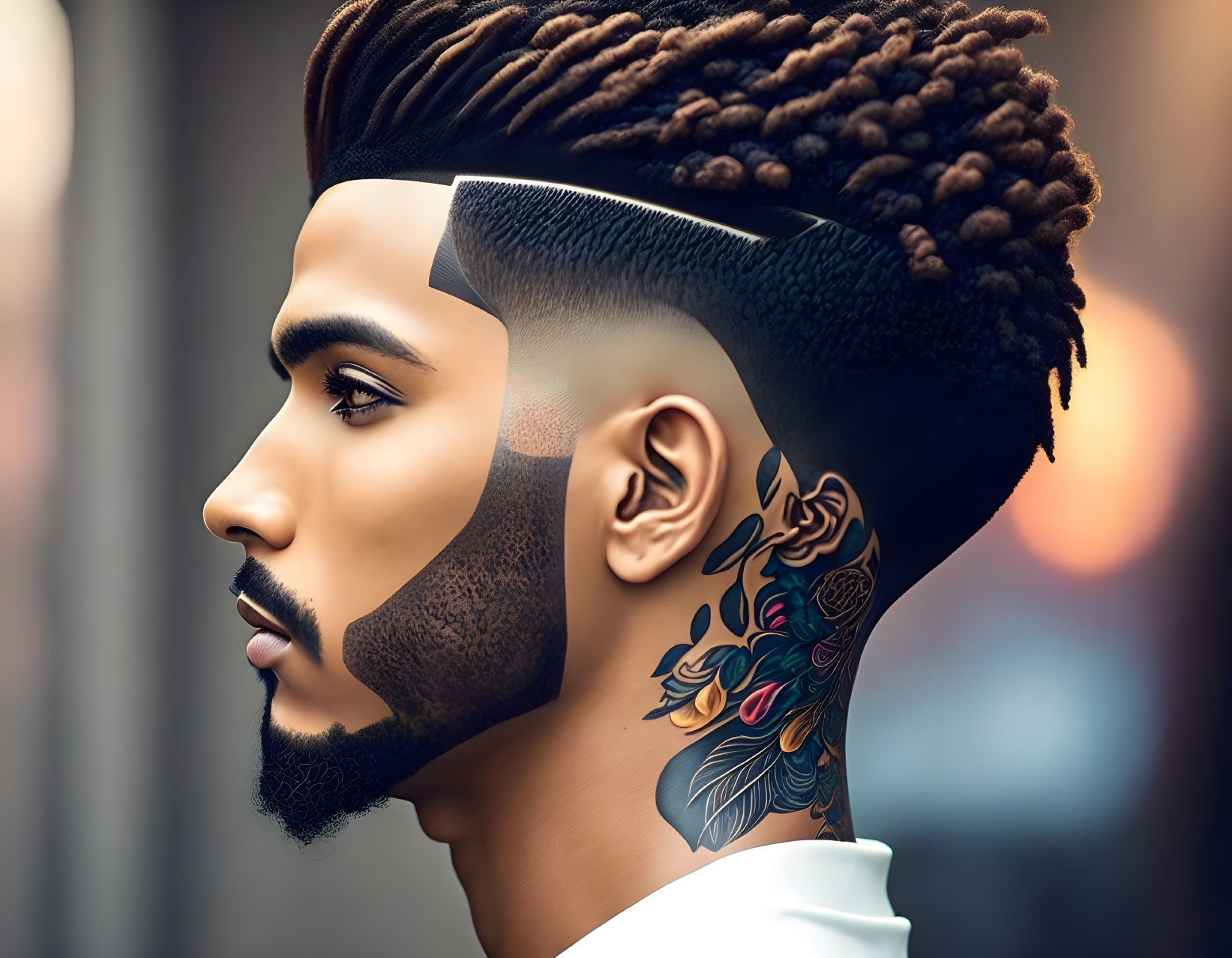 Man with Stylized Beard, Geometric Undercut, Dreadlocks, and Colorful Floral Neck