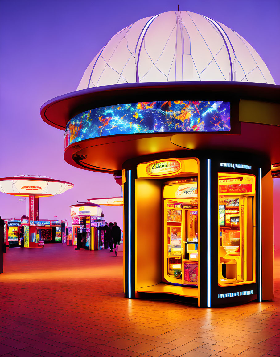 Futuristic arcade with neon lights and dome structure