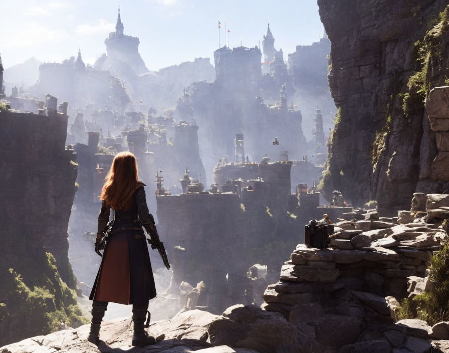 Auburn-Haired Woman Gazing at Majestic Castle on Cliffs